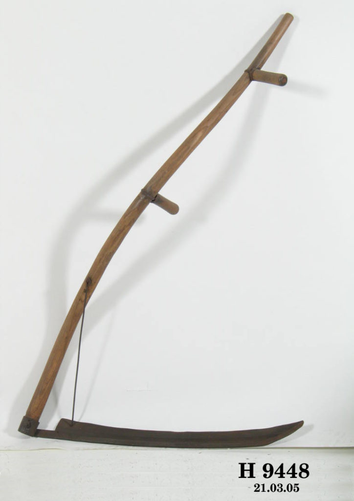 A hand tool with a long, curved timber shaft, two handles and a curved iron blade at one end.